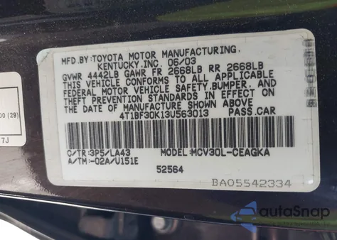 2003 Toyota Camry Le/Xle/Se из США, поврежденный, VIN 4T1BF30K13U563013